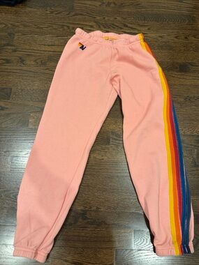 Aviator Nation peach Pink Jogger sweatpants with 5 stripe